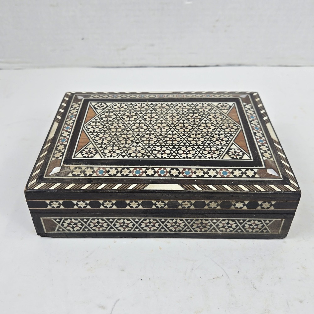 VTG Micro Mosaic Mother of Pearl Abalone Inlay Wood Jewelry Box Marquetry Egypt